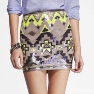 Express Tribal Print Sequin Mini Skirt
